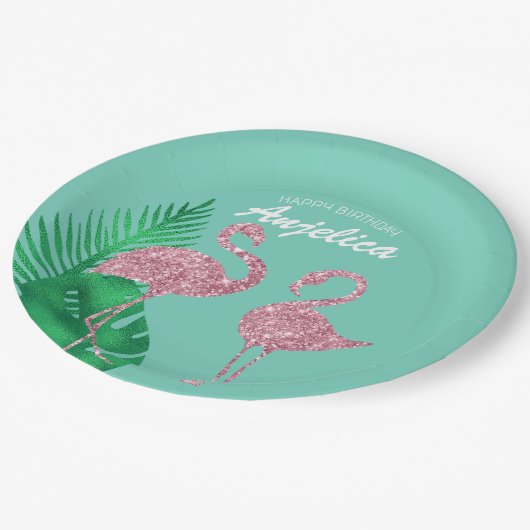 レトロピンクグリッターフラミンゴとパーム葉 ペーパープレート (アングル)