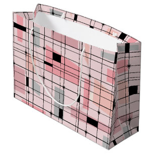 レトロピンクグリッドとスターバスト抱き枕 ラージペーパーバッグ