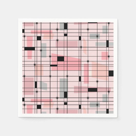 レトロピンクグリッドとスターバスト紙ナプキンス スタンダードカクテルナプキン (正面)