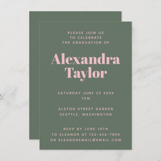 レトロピンクグリーンかわいい美的卒業パーティー 招待状 (正面/裏面)