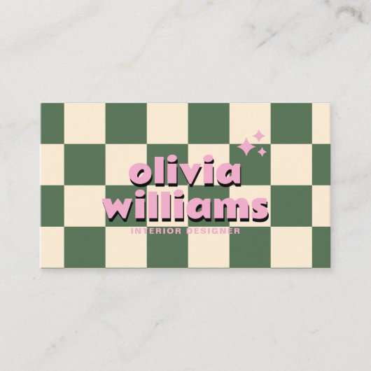 レトロピンクグリーンカラフルグルーヴ市松模様にィーファンキービー 名刺 (正面)