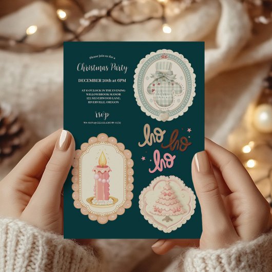 レトロピンクグリーンクリスマス 招待状