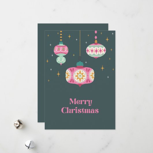 レトロピンクグリーンノンフォトクリスマスオーナメント シーズンカード (正面/裏面インサイチュ)