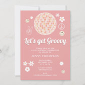 レトロピンクグルーヴィ市松模様にヒッピディスコ誕生日 招待状 (正面)