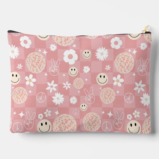 レトロピンクグルーヴ市松模様にィッピー柄 アクセサリーポーチ (裏面)