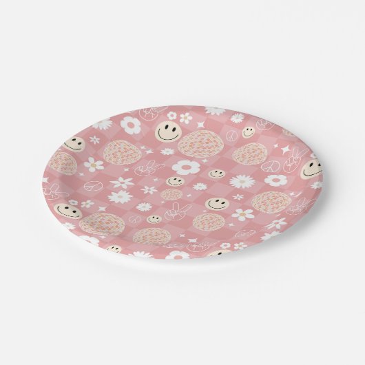 レトロピンクグルーヴ市松模様にィッピー柄 ペーパープレート (アングル)