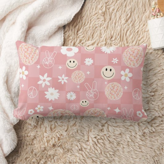 レトロピンクグルーヴ市松模様にィッピー柄 ランバークッション (ブランケット)