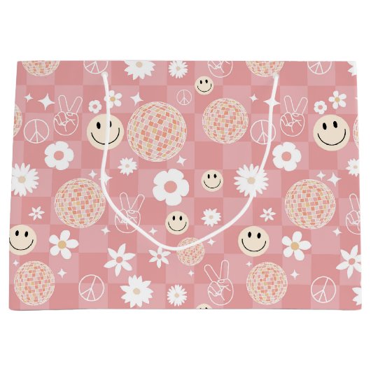 レトロピンクグルーヴ市松模様にィッピー柄 ラージペーパーバッグ (正面)