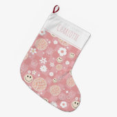 レトロピンクグルーヴ市松模様にイッピー子供の女の子 ラージクリスマスストッキング (正面 (吊り時))