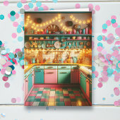 レトロピンクコテージキッチキッチンクリスマス カード