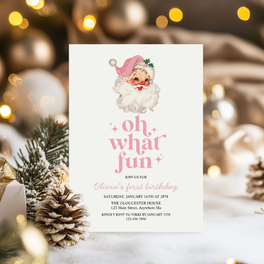 レトロピンクサンタああ何おもしろい誕生日 招待状