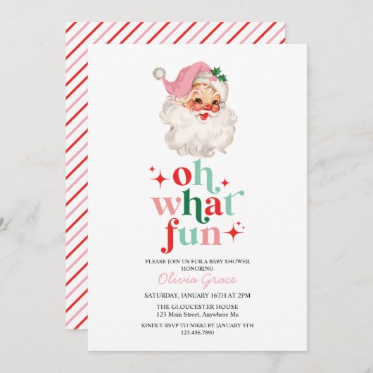 レトロピンクサンタああ何おもしろい赤ちゃんシャワー 招待状 (正面/裏面)