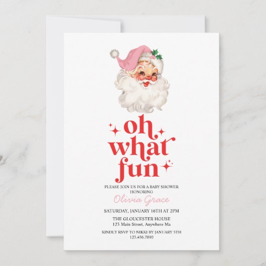 レトロピンクサンタああ何おもしろい赤ちゃんシャワー 招待状 (正面)