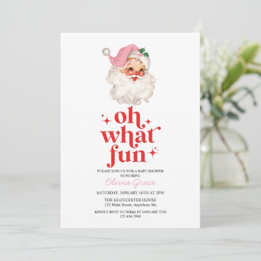 レトロピンクサンタああ何おもしろい赤ちゃんシャワー 招待状 (スタンド正面)
