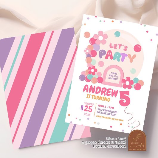 レトロピンクサンフラワーバブルドーム子供の誕生日 招待状