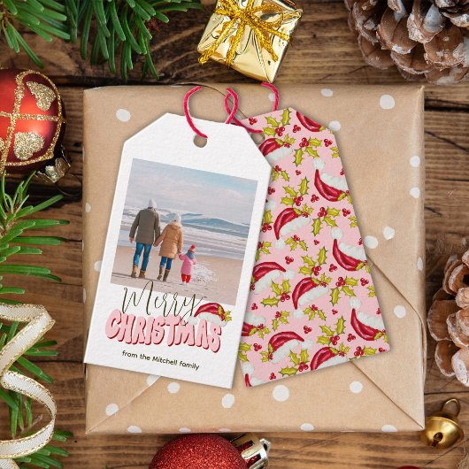 レトロピンクシンプルの写真フェスティバルメリークリスマス ギフトタグ
