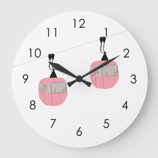 レトロピンクスキーゴンドラリフトスキーヤー ラージ壁時計 (正面)