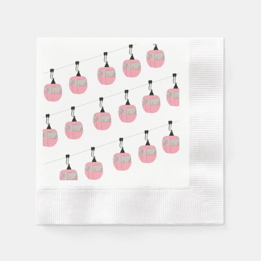 レトロピンクスキーゴンドラリフトスキーヤー 縁ありカクテルナプキン (正面)