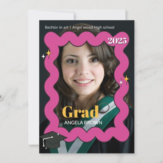 レトロピンクスクイグルウェーブ卒業招待状 案内状 (正面)