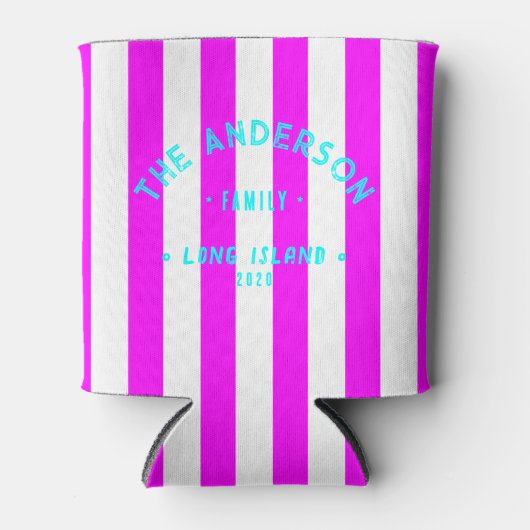 レトロピンクストライプと家族の名前 缶クーラー (正面)
