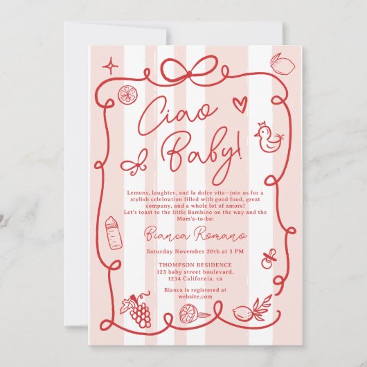 レトロピンクストライプのイタリアンをテーマにしたチャオ赤ちゃんシャワー 招待状 (正面)