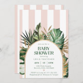 レトロピンクストライプビーチパーム赤ちゃんシャワー 招待状 (正面/裏面)