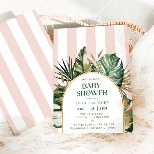 レトロピンクストライプビーチパーム赤ちゃんシャワー 招待状
