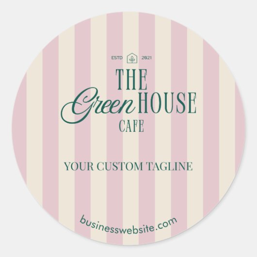 レトロピンクストライプベーカリーグリーンカフェロゴブランド ラウンドシール (正面)