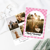 レトロピンクチェック柄のアーチファミリーフォト シーズンカード