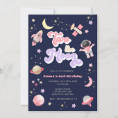 レトロピンクツーザムーン宇宙誕生日 招待状 (正面)