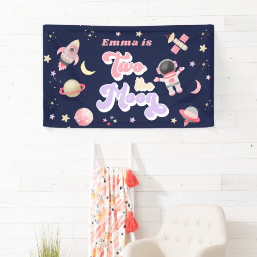 レトロピンクツーザムーン宇宙誕生日 横断幕 (インサイチュ)