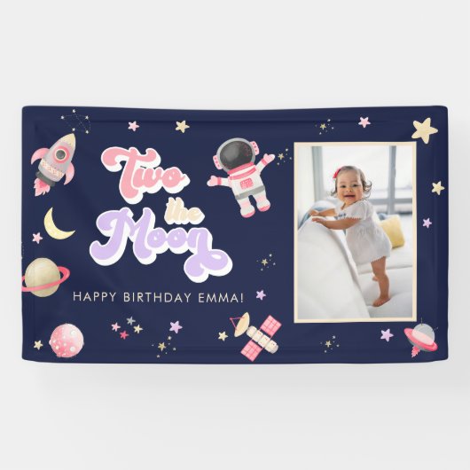 レトロピンクツーザムーン宇宙誕生日 横断幕 (横)