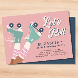 レトロピンクティール（緑がかった色）ローラースケートで滑る誕生日パーティー 招待状
