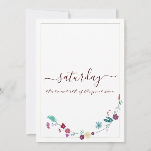 レトロピンクティール(緑がかった色)赤金ゴールド結婚フローラ 招待状 (裏面)