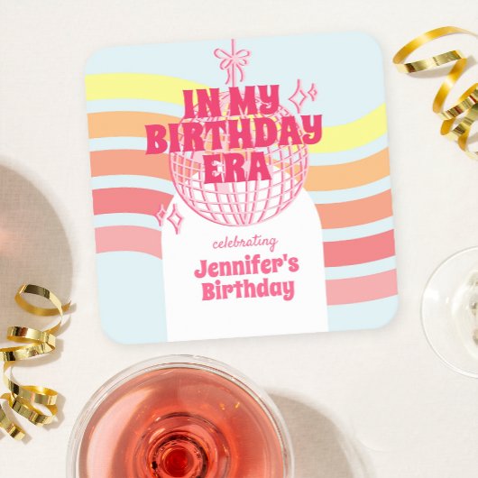 レトロピンクディスコボールインマイ誕生日時代パーティー スクエアペーパーコースター