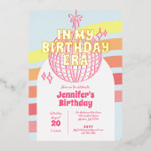 レトロピンクディスコボールインマイ誕生日時代金ゴールド 箔招待状 (正面)