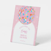 レトロピンクディスコボール70sブライダルシャワーへようこそ 台座サイン (正面)