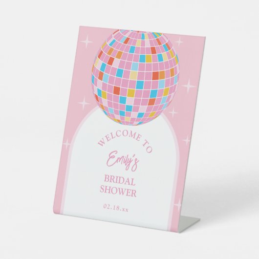 レトロピンクディスコボール70sブライダルシャワーへようこそ 台座サイン (正面)