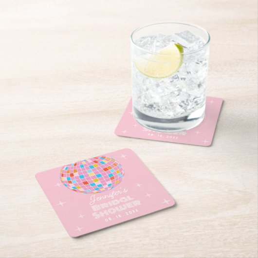 レトロピンクディスコボール70s 80sをテーマにしたブライダルシャワー スクエアペーパーコースター (インサイチュ)