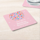 レトロピンクディスコボール70s 80sをテーマにしたブライダルシャワー スクエアペーパーコースター (アングル)