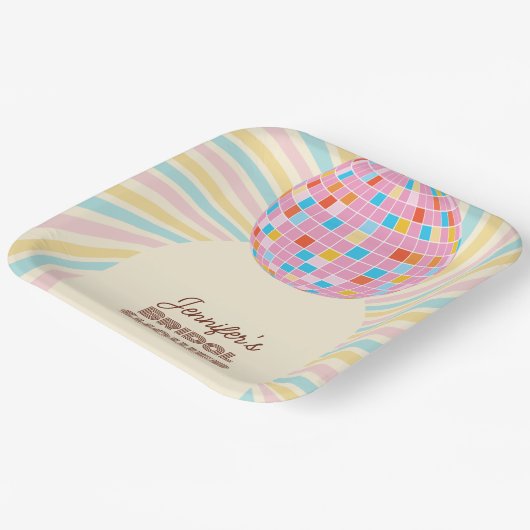 レトロピンクディスコボール グルーヴィー ボヘミアンスタイルのウェディングシャワー ペーパープレート (傾斜あり)