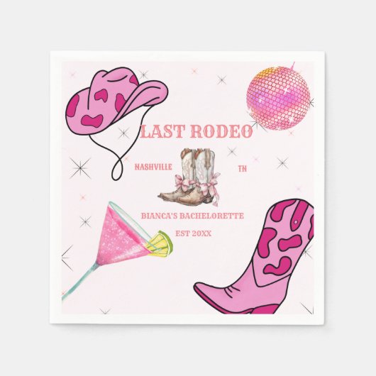 レトロピンクディスコ女性のカーボーイウェスタンバチェロレッテ スタンダードカクテルナプキン (正面)