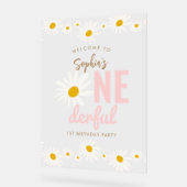 レトロピンクデイジーワンダーフル1歳の誕生日パーティー アクリルサイン (傾斜)