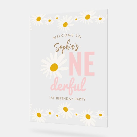 レトロピンクデイジーワンダーフル1歳の誕生日パーティー アクリルサイン (傾斜)