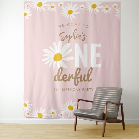 レトロピンクデイジーワンダーフル1歳の誕生日パーティー タペストリー (インサイチュ)