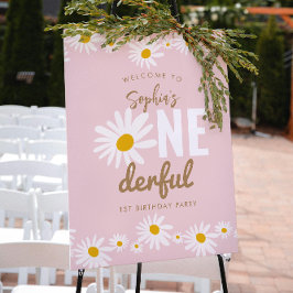 レトロピンクデイジーワンダーフル1歳の誕生日パーティー ポスター