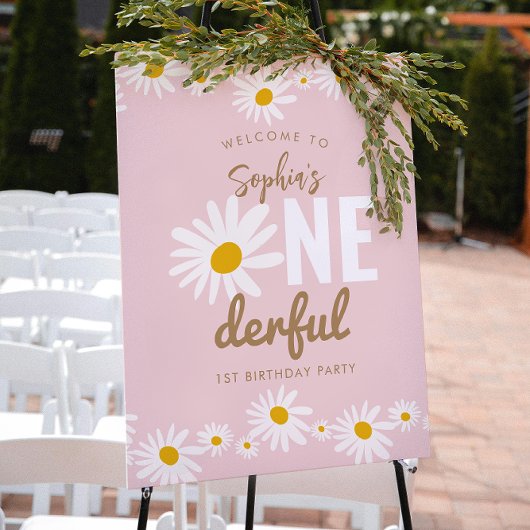 レトロピンクデイジーワンダーフル1歳の誕生日パーティー ポスター