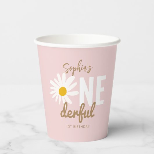 レトロピンクデイジーワンダーフル1歳の誕生日パーティー 紙コップ (裏面)