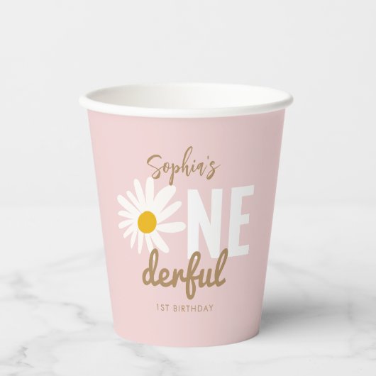 レトロピンクデイジーワンダーフル1歳の誕生日パーティー 紙コップ (正面)