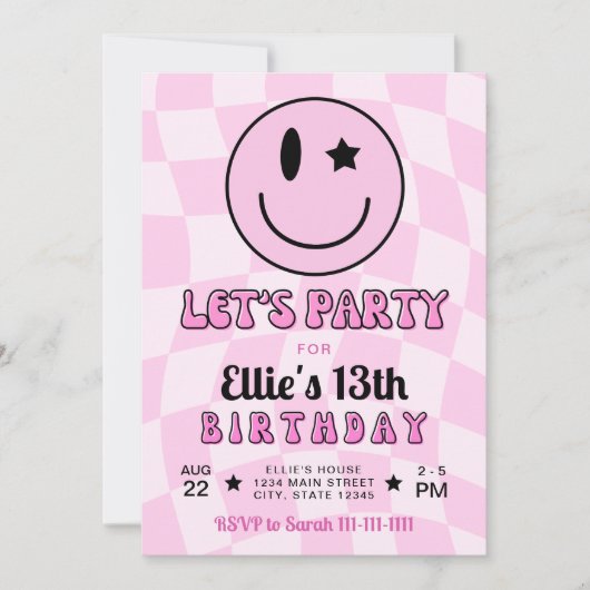 レトロピンクハッピー顔スマイル誕生日招待状 招待状 (正面)